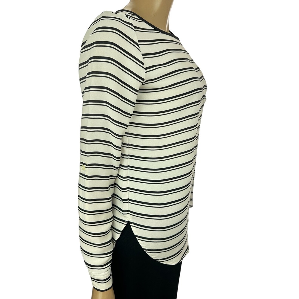 Loft Ann Taylor Size Petite S White w/Black Stripes Curved Hem Long Sleeve - Picture 2 of 5